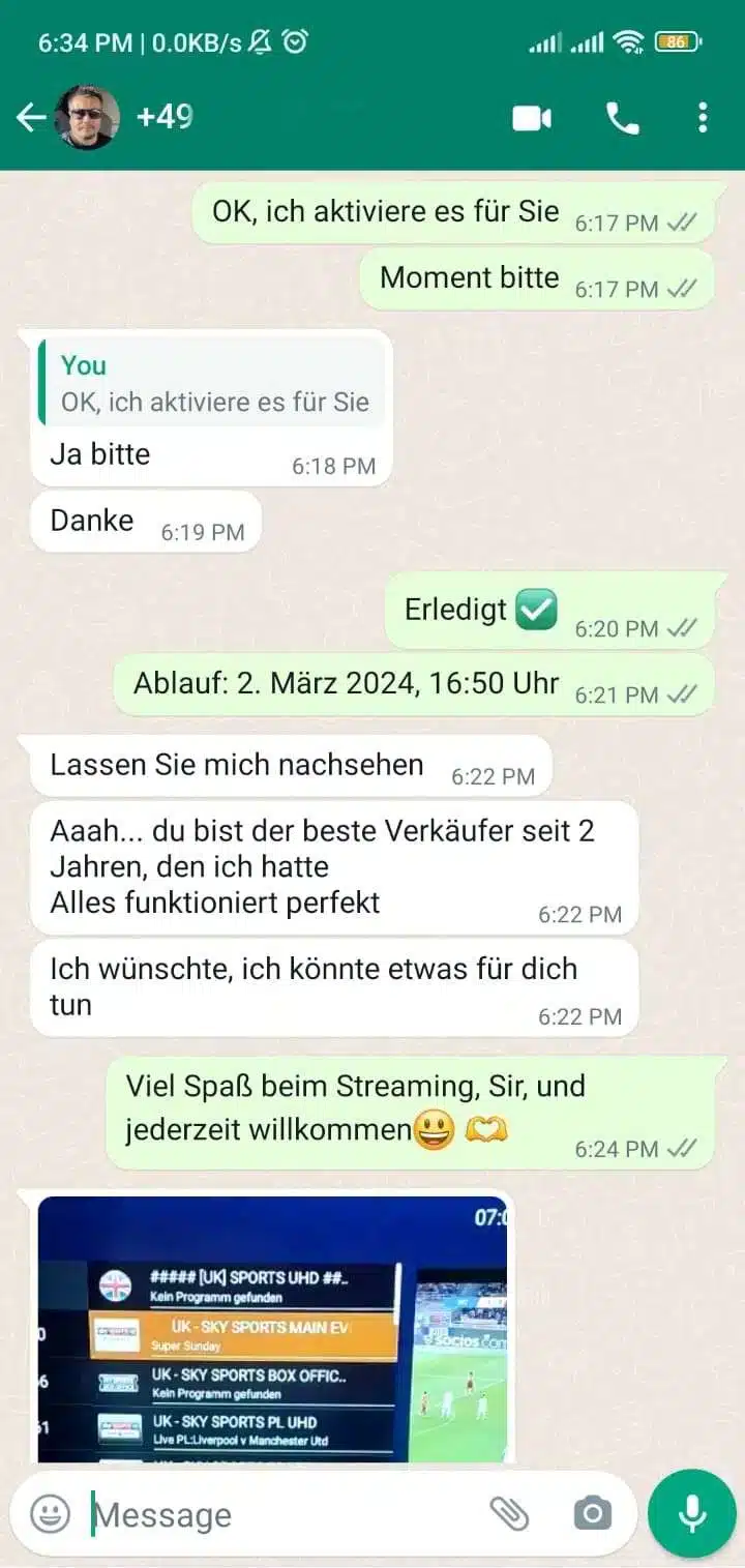 WhatsApp-Chat: Kunde nennt KraftIPTV den besten Anbieter seit zwei Jahren — alles funktioniert perfekt